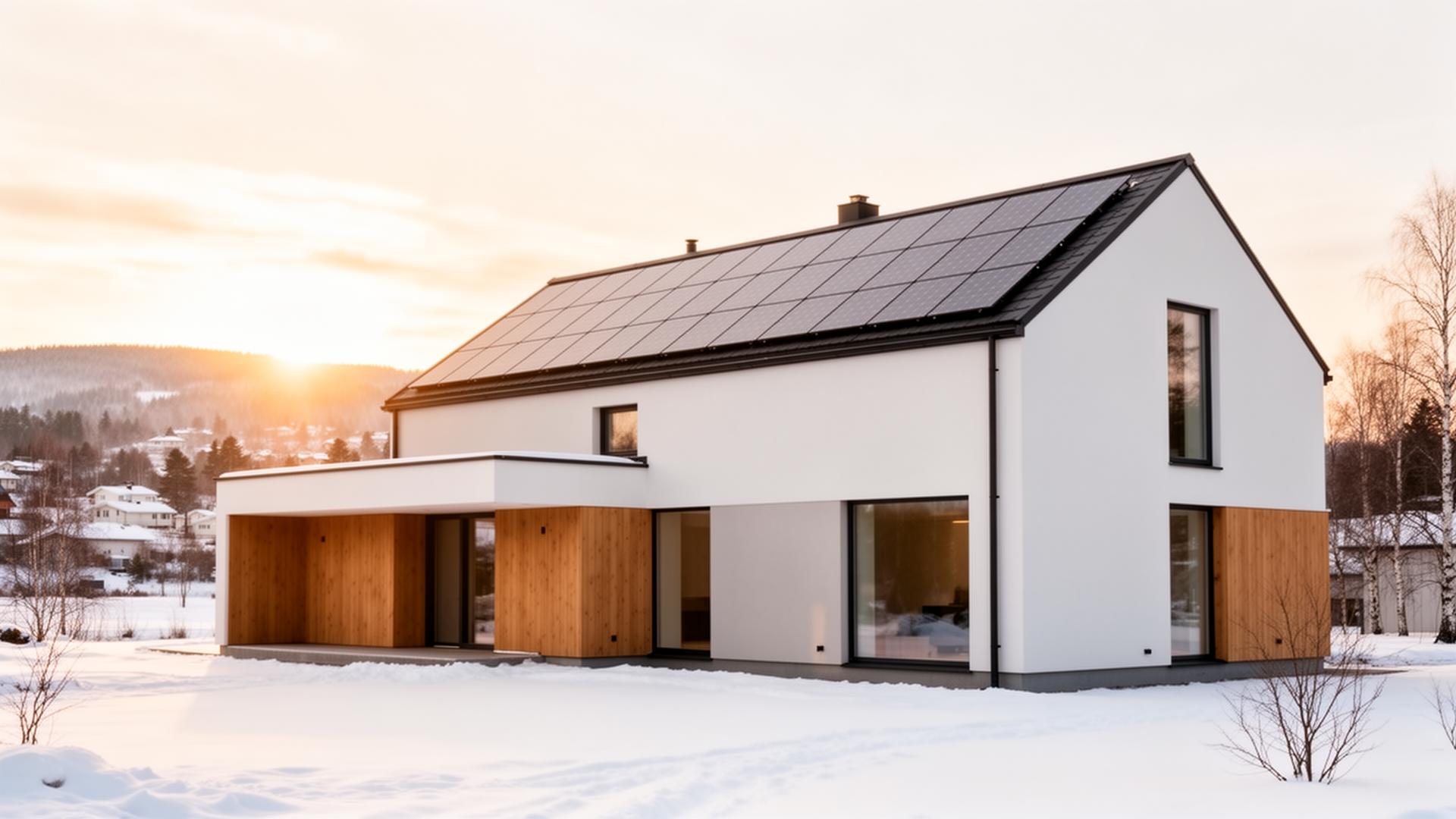 Svensk villa med solceller i vinterlandskap